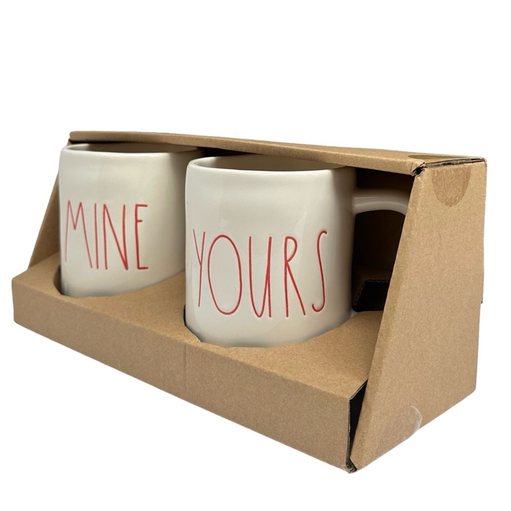 Rae Dunn MINE YOURS Mug Set White Red Large Letters Dimples NWT NIB OG 2017